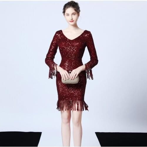 Simple Sheath Deep V-neck Sequined Homocoming Dress Sexy Backless Formal Evening Gown Glitter Tassels Navy Blue Dress for Party