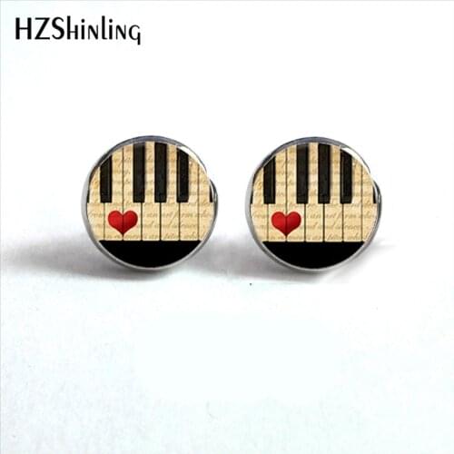 NES-0088 Music Piano Stud Earrings Sheet Music Ear Studs Black and White Keyboard Jewelry Glass Dome Earrings HZ4