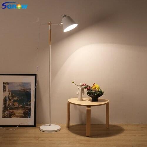 SGROW Iron Lampshade Floor Lamps Adjustable Wooden Handshake Standing Lights for Bedroom Living Room Black White Lampara Light