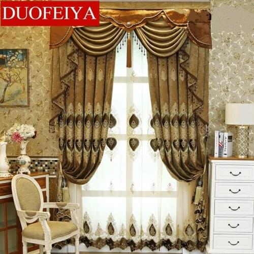 European Style Curtain for Living Room Luxurious Curtains for Bedroom Atmosphere New Embroidery Chenille Valance Curtain Blue