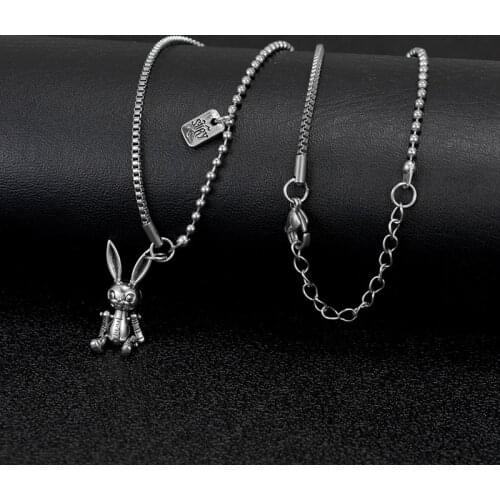 Harajuku Vintage Rabbit Pendant Necklace Men Women Stainless Steel Chain Metal Bunny Charm Joint Movable Hip Hop Jewelry
