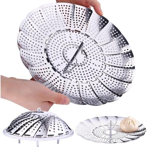 Retractable Stainless Steel Food Fruit Vegetable Drain Basket Pan Steamer Poacher Cooker Steaming Tray Folding Steamer Bowl