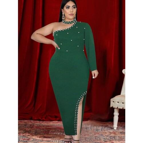 Green Plus Size Dresses Women Sexy One Shoulder Long Sleeve Bodycon Slit Evening Party Event Occasion Beads Long Prom Gown Dress