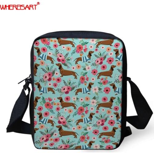 WHEREISART Women Baby Mini Messenger Bags Dachshund Dog Floral Printed Shoulder Bags for Girls Women Small Purse Girls Rucksack