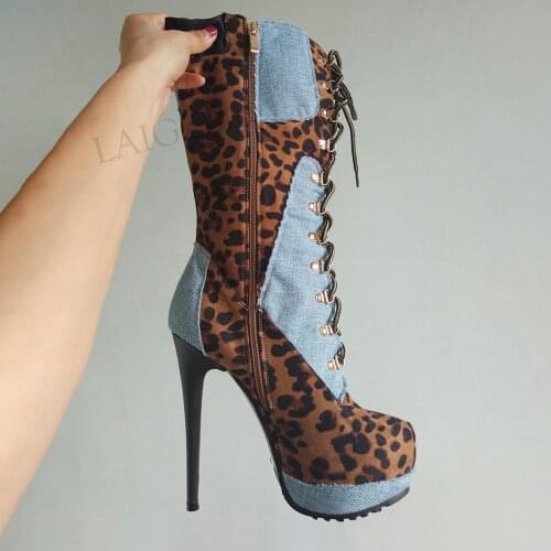 DOBANER Women Mid Calf High Boots Platform Stiletto High Heels Boots Tall Patchwork Ladies Shoes Woman Big Size 43 44 47 48 52