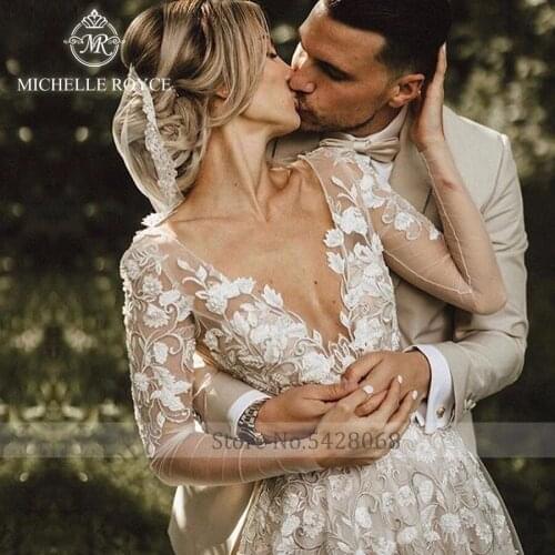 Michelle Royce A-Ling Wedding Dresses 2020 Sexy Deep V-neck Appliques Backless Chapel Train Bridal Gowns Vestido De Noiva