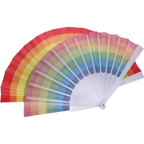 1 Pcs Rainbow Hand Held Folding Fan Plastic Printed Folding Rainbow Fan Dance Parties Props Fan Art Craft Decor