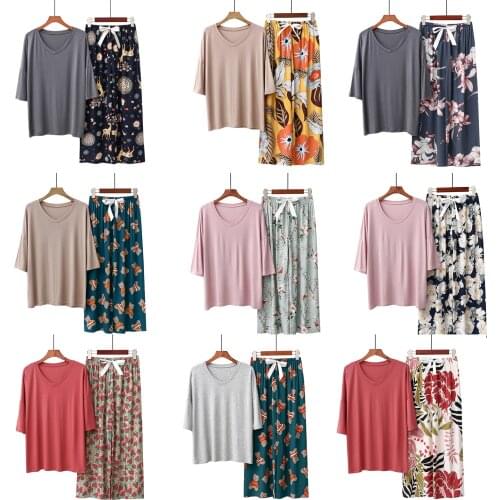 2 Pieces Nightwear Set Female Solid Color Round Neck Short Sleeve Tops+ Floral Print Pyjama Trousers for Summer Fall