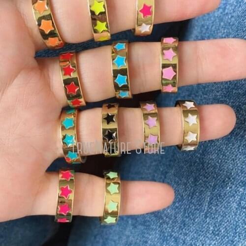 5Pcs RM39069 Ladies Plated Copper Jewelry Gold For Women Ladies Rings For Women Enamel Pentagram Colors Gold Plated Ring