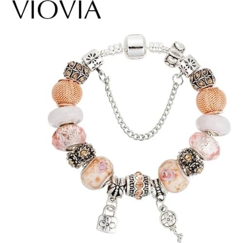 VIOVIA Chic Popular Women Bohemian Style Beige Charm Bracelet & Bangle of Crystal Beads with Lock and Key Pendants Gift B15161
