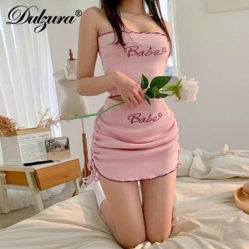 Dulzura Ribbed Knitted Women 2 Piece Set Letter Rhinestone Tube Tanks Ruched Drawstring Mini Skirt Bodycon Club 2021 Summer Cute