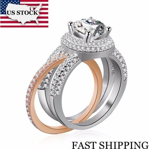 USA STOCK Uloveido 2 Tone Cubic Zirconia Ring 2 Pcs Matching Rings for Women Engagement Ring with Stone Wedding Jewelry RA0218