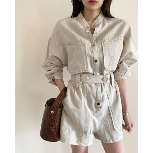 Denim Solid Romper Overall Long Sleeve Playsuit Women Buttons Waist Tie Loose Summer Autumn Jumpsuit Collar Pocket