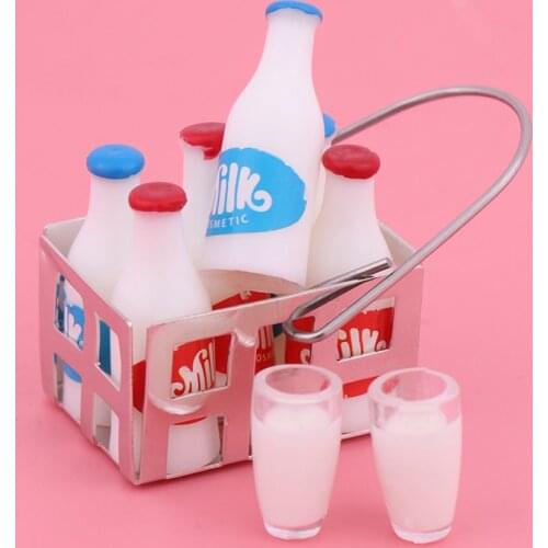 9Pcs/Set Kwaii Kids Toys 1/12 Scale White Milk Basket And Milk Bottle Doll House Food Furniture Toys Miniature Doll House Toy