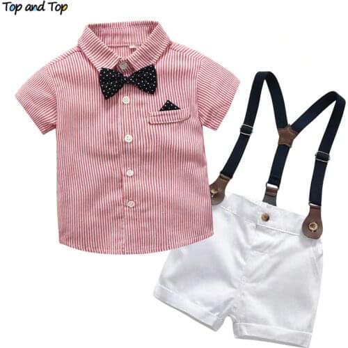 Baby Boy Gentleman Clothes Set Summer Suit For Toddler Striped Shirt with Bow Tie+Suspenders White Shorts Formal Boys Clothes