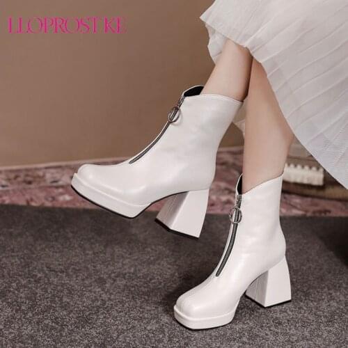 Lloprost ke Green Camel Faux Leather Women Ankle Boots Platform Square High Heel Ladies High Quality Boots Autumn Winter Shoes