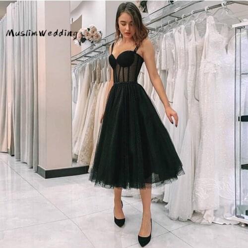 Little Black Short Prom Dresses 2020 Sexy Spaghetti Straps Midi Length Evening Dress A Line Tulle Formal Party robe de soirée