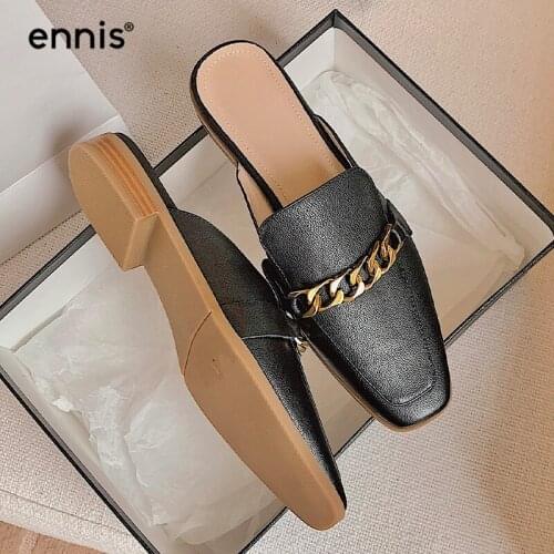 ENNIS 2021 Fashion Womens Mules Genuine Leather Slippers Female Casual Flat Shoes Chain Black Beige Nude Brand Shoe Spring M101