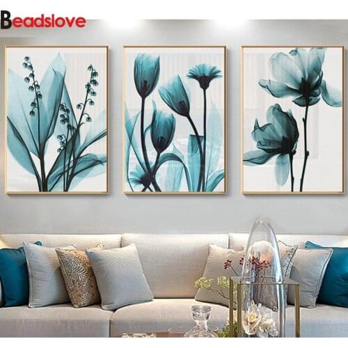 Blue abstract flowers 5 d Diamond Painting 3 pcs set Diy Diamond Embroidery Full Square Round drill home Decoration