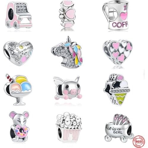 New Original 925 Silver Accessories Pink Car Charm Unicorn Ice Cream Beads Suitable For Ladies Pandora Bracelet DIY Jewelry Gift