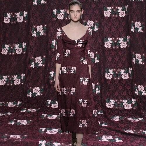 Pearlsilk pink flowers Knitted Embroidered Lace Fabric 100%polyester Autumn dress DIY clothes fabrics Freeshipping