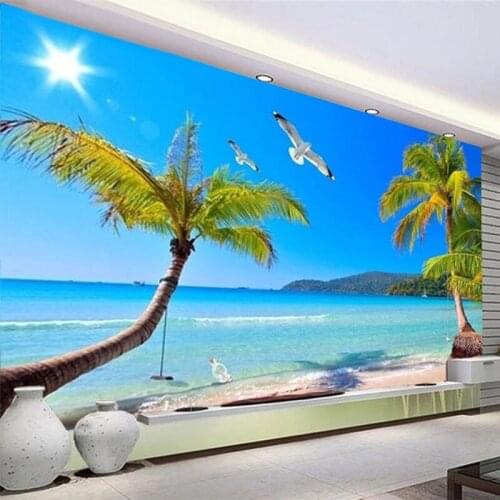 Custom Photo Wallpaper Modern Sea View Coconut Tree 3D Stereo Landscape Living Room TV Sofa Background Wall Mural 3D Home Decor