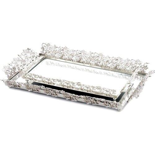 Rectangular Wire Embroidered 2-Tray Set Silver Color Tray Presentation Tray Aid Mubarak Decoration Ramadan Kareem