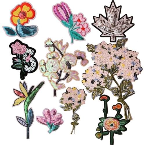 Rose, cherry blossom sequin icons Embroidered Iron on Patches for Clothing DIY Stripes Clothes Patchwork Stickers Custom Badges