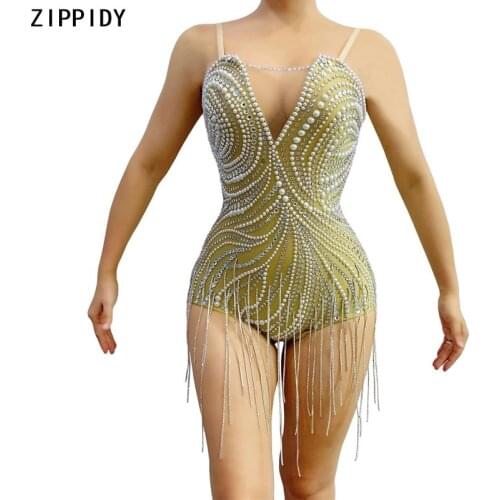 Silver Rhinestone Fringe Spandex Bodysuit Women Dance Show Pearl Outfit Birthday Celebrate Prom Party Singer Wear