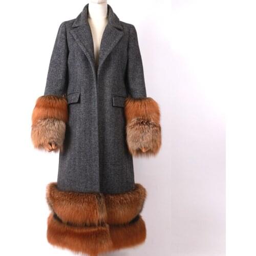 Woollen women 100% ladies wool coat fox fur sleeve and bottom
