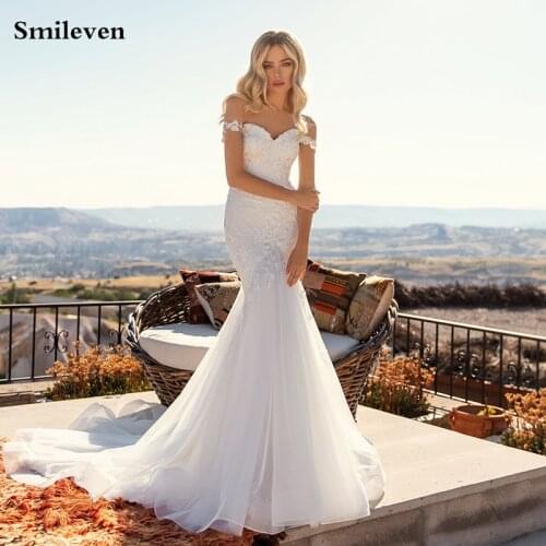 Smileven Mermaid Wedding Dress Sweetheart Neck Appliqued Lace Beach Bride Dresses Off The Shoulder Boho Wedding Gown