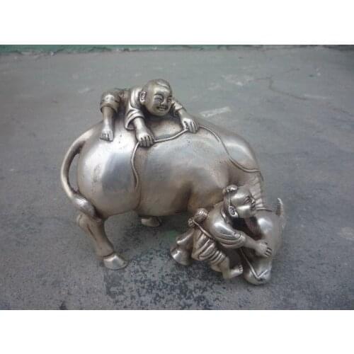 Old 18C Tibet Silver Statue Sculpture cowboy playing with the OX, Nice Carving,best copper tools wedding Decoration Brass