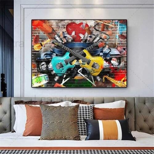 Street Graffiti Wall Art Guitar Rock Music Musical Instrument Abstract Art Canvas Painting for Living Room Modern Home Decor