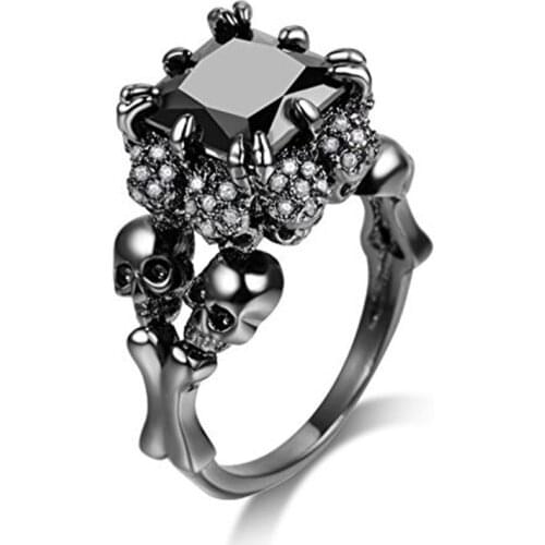 Gothic Black Sliver Skull Rings Skeleton Paw Stainless Steel Rings For Women Men White Black Cubic Zirconia Halloween Gift