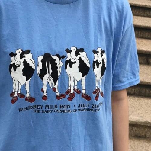 Whidbey Milk Run cute women top y2k aesthetic graphic cow print Oversize T-shirt streetwear Harajuku 90s vintage Cotton blue Tee