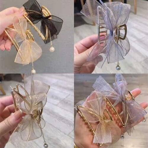 2021 Fashion Women Girls Bow Pearl Hair Claw Vintage Sweet Hair Accessories Hair Clip Barrettes Ribbon Bowknot Hairpins Headwear