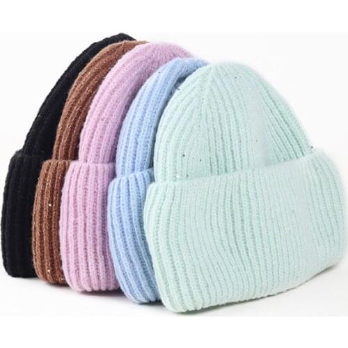 Hat Women Winter Beanie WIth Sequins Warm Knit Skullies Autumn Casual Adult Cap Solid Color Outdoor Ski Accessory