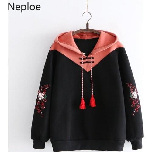 Neploe Women Hoodies Fleece Thick Cute Fox Embroidery Winter Autumn Women Pullovers Jumpers Japanese 2021 New Hooded Coat 56439