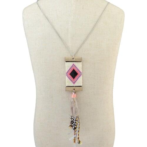 Bohemian Resin Beaded Long Necklaces Feather Pendants Women Handmade Beads Collar Bib Choker Statement Necklace Ethnic Jewelry