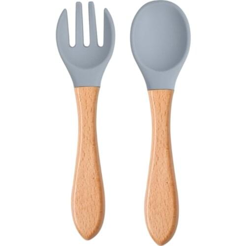 2Pcs Silicone Tips Baby Feeding Training Spoon and Fork Set with Wooden Handle Toddlers Infant Eat Independent Accessory