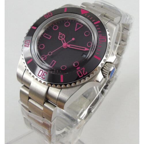 40MM Black Sterile Dial Domed Glass Pink Number Ceramic Bezel Date MIYOTA 8215 Movement Automatic Mens Watch