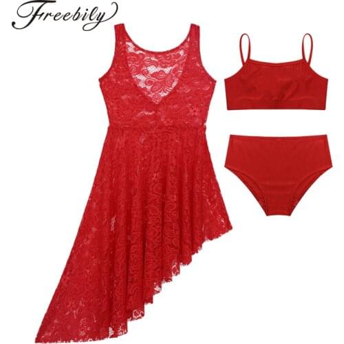 Kids Teens Lyrical Dance Costumes Set Girls Ballet Tutu Floral Lace Dress Gymnastics Shorts Tops Dress Suit Dance Wear