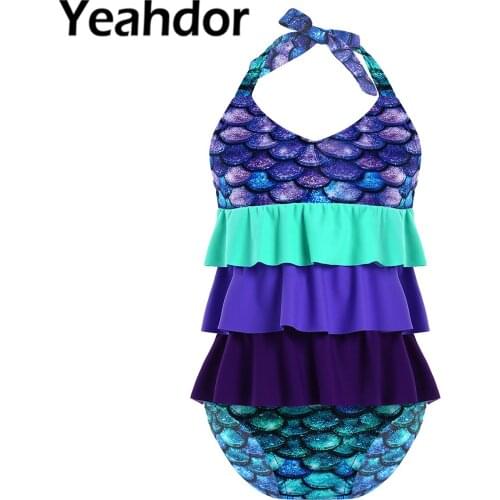 Kids Girls Mermaid Swimsuit Swimwear Swimming Suit Halter Neck Sleeveless Open Upper Back Fish Scales Print Tops and Briefs Set