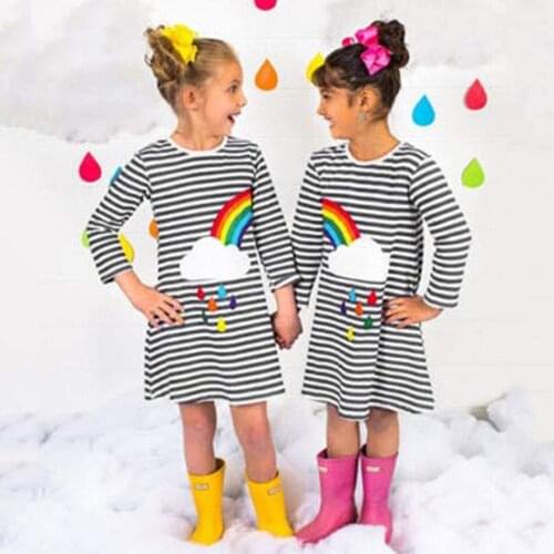 Kids Sister Dress For 1-6 Year Girls Fashion Long Sleeve Stripe Pattern T-Shirt Creative Symmetric Rainbow Summer Casual Tops