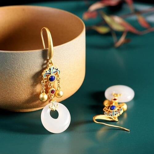 Ancient gold craftsmanship inlaid natural Hetian jade ring enamel porcelain tassel long earrings vintage charm ladies jewelry