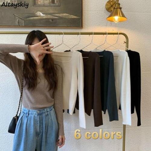 T-shirts Women Spring Causal Korean Style Ropa Slim Pure Color Full Sleeve Mujer De Moda Hipster Square Collar Female Kpop Daily