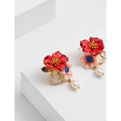 Jaeeyin 2021 New Arrivals Enamel Stud Earring White Freshwater Pearl Glass Charm Pink Red Flower Gifts For Girl Women Teen Lady