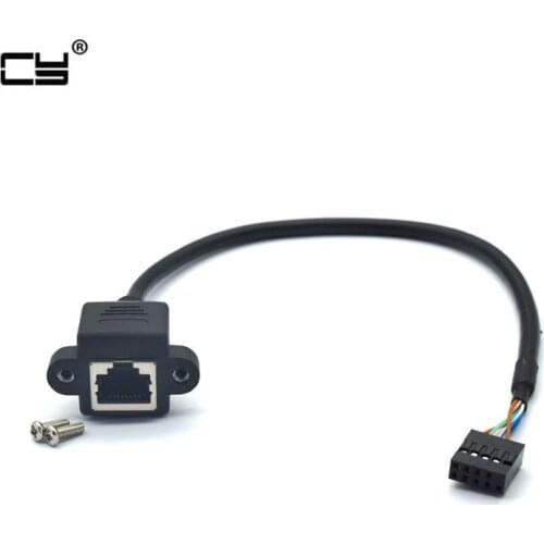 USB 2.0 9pin terminal 2.54 to RJ45 Female Ethernet Lan Network Extension Cable Cord with Panel Mount Holes for PC Laptop 30CM