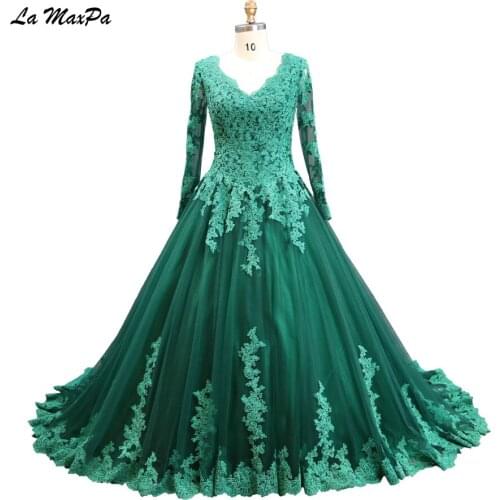 Classic Lace Bodice Drop Waist Long Sleeves Ball Gown Green Prom Dress CMT69