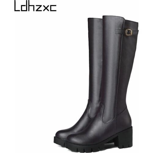LDHZXC New Pu Leather Western Boots Winter Women Knee High Boots Night Club Shoes Woman Big Size 46 Square Heels Black